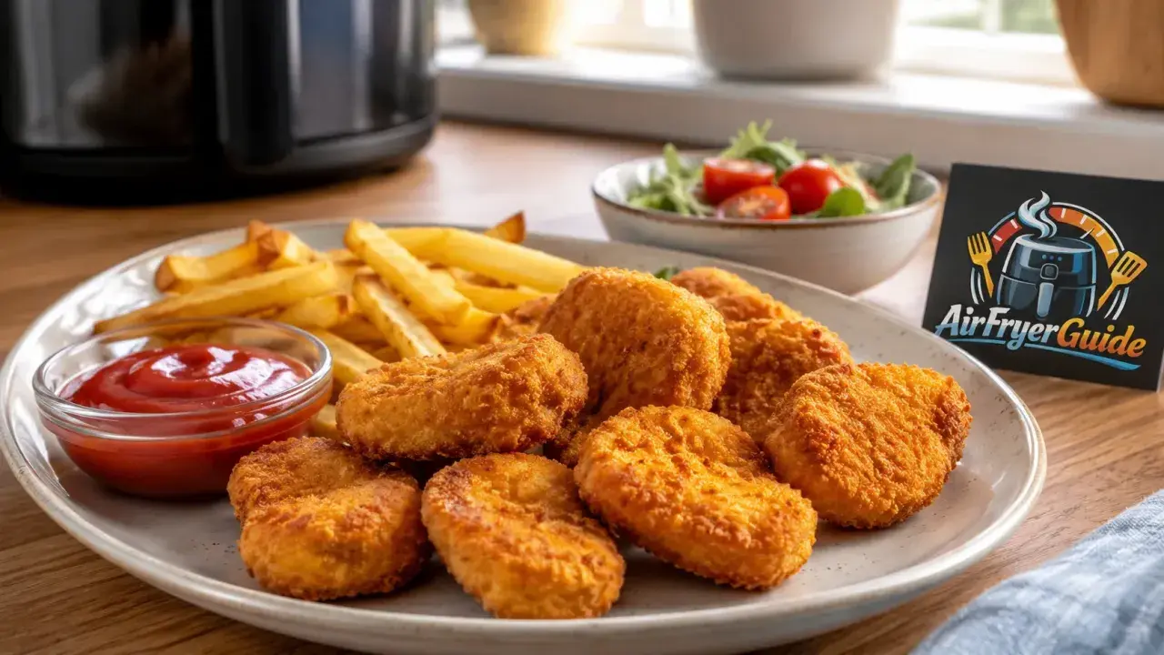 Knusprige Chicken Nuggets und Pommes aus der Fritteuse, serviert mit Ketchup und Salat.