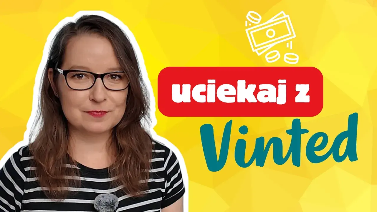 Kobieta w okularach na tle żółtym z napisem "uciekaj z Vinted". Czy to sposób na zarabianie na Vinted?