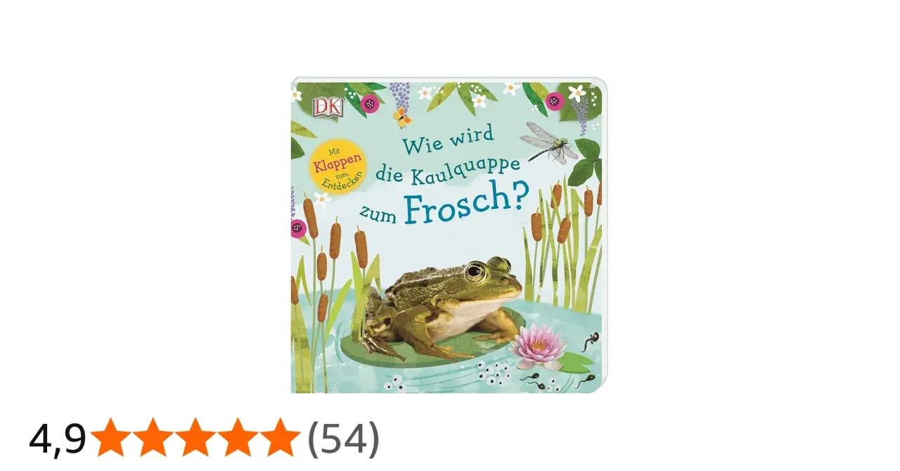 Ein Buchcover zeigt einen Frosch am Teichrand, umgeben von Schilf und Blumen. Es erklärt die **Kaulquappen Entwicklung** zum Frosch.