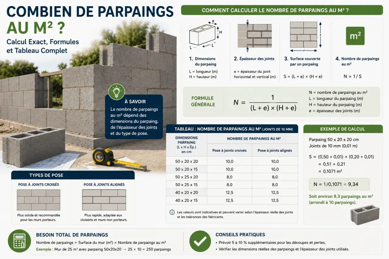 Calcul du nombre de parpaings au m², avec formule et tableau. La hauteur maxi mur parpaing de 10 est une donnée clé.