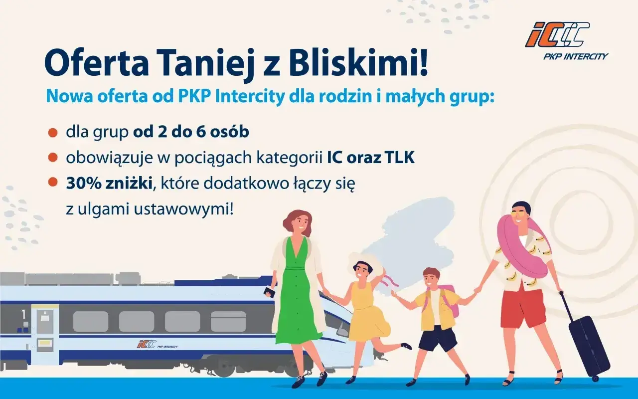 Rodzina kupuje intercity bilety na pociąg PKP Intercity. Oferta "Taniej z Bliskimi" dla grup 2-6 osób, z 30% zniżką.