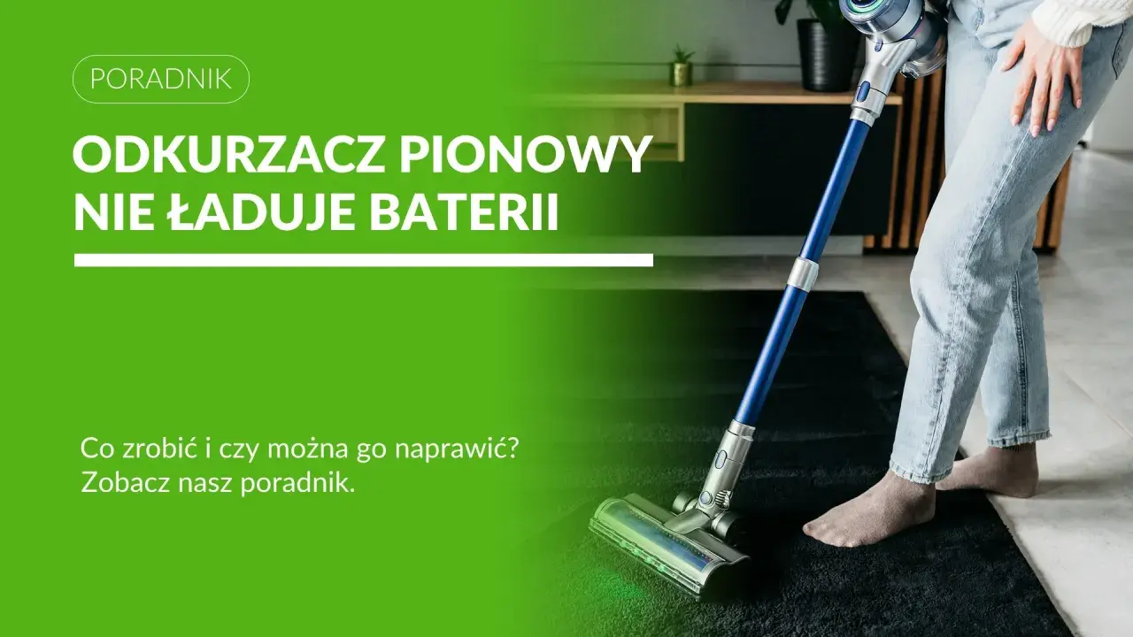 Osoba z odkurzaczem pionowym na dywanie.
