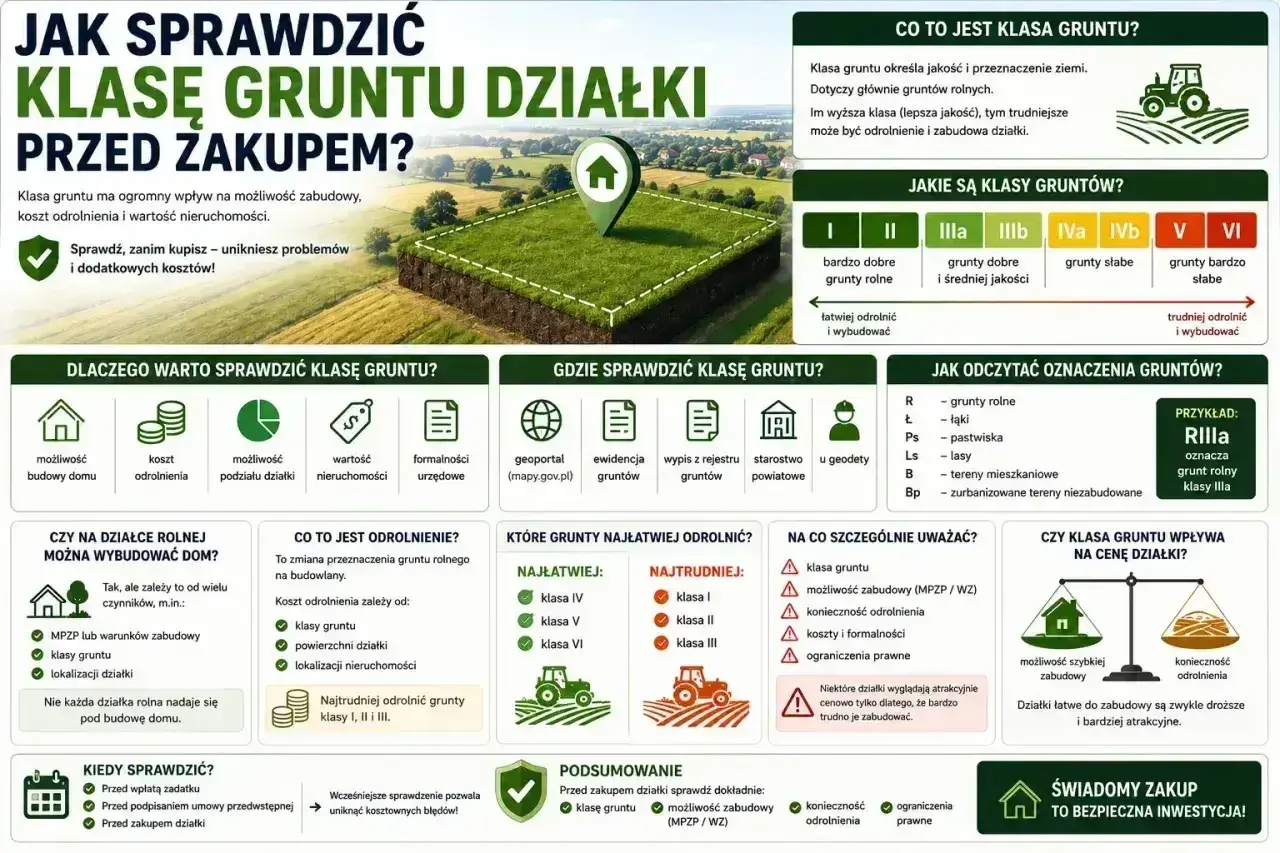 Klasa gruntu wpływa na zabudowę i koszt odrolnienia. Sprawdź ją przed zakupem, by uniknąć problemów. Podatek rolny zależy od klasy gruntu.