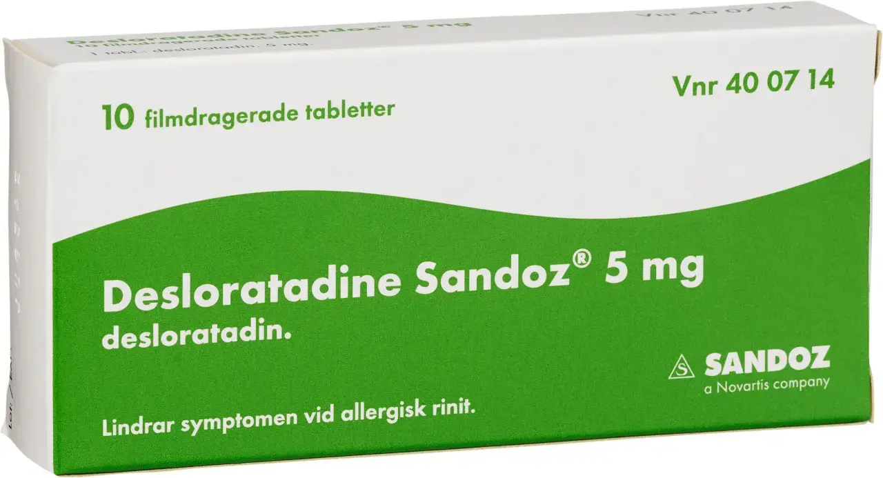 Desloratadine Sandoz 5 mg, 10 tabletter. Lindrar symtom vid allergisk rinit. Rådfråga läkare vid desloratadin gravid.