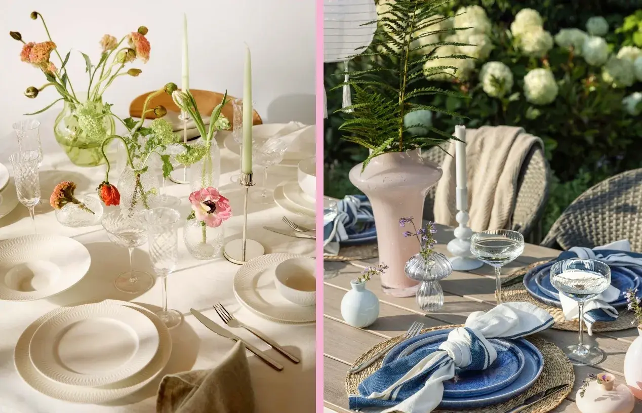 Två vackra dukningar. En inomhus med ljusa blommor och ljus, en utomhus med gröna växter och blå detaljer. En fin dukning för varje tillfälle.