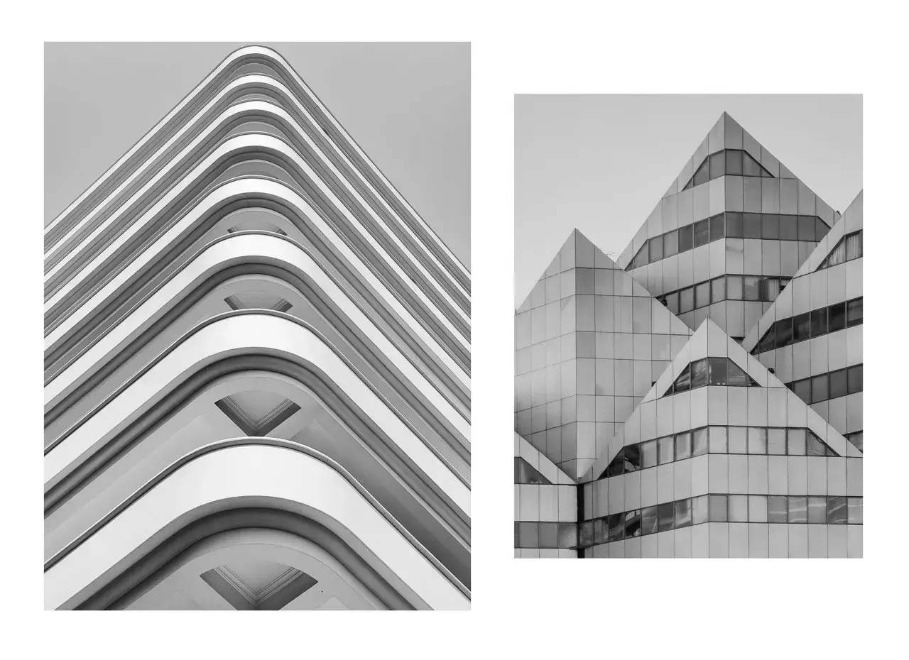 Dwie fotografie budynków: jeden z zaokrąglonymi balkonami, drugi z geometrycznymi, ostrymi kształtami.