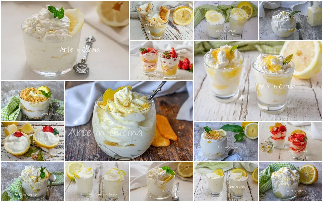 Collage di dessert al limone: coppette e bicchieri con soffice mousse al limone, guarniti con limone fresco, fragole e biscotti.