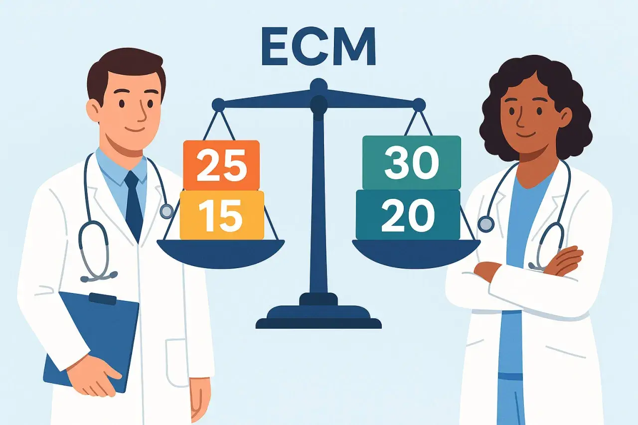 Bilancia ECM: come recuperare crediti triennio precedente. Due medici osservano i piatti con pesi diversi.