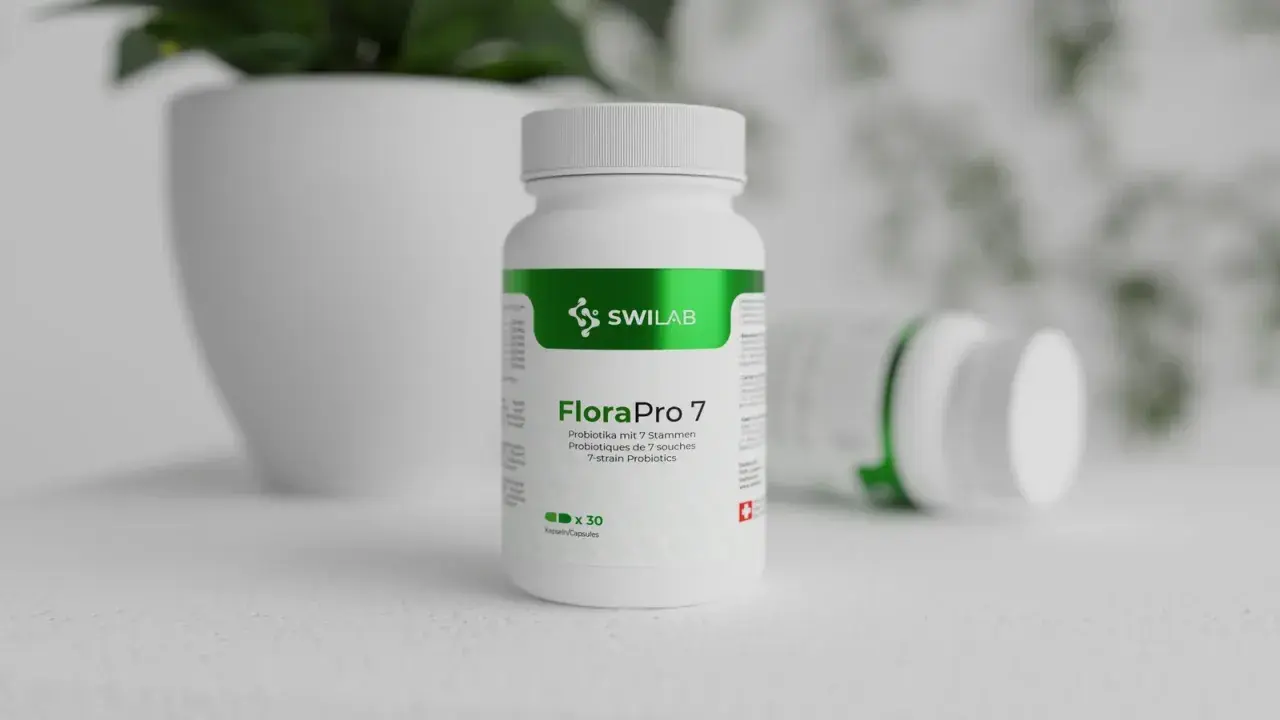 Flacone di FloraPro 7, uno dei migliori probiotici per sgonfiare pancia, con 30 capsule.