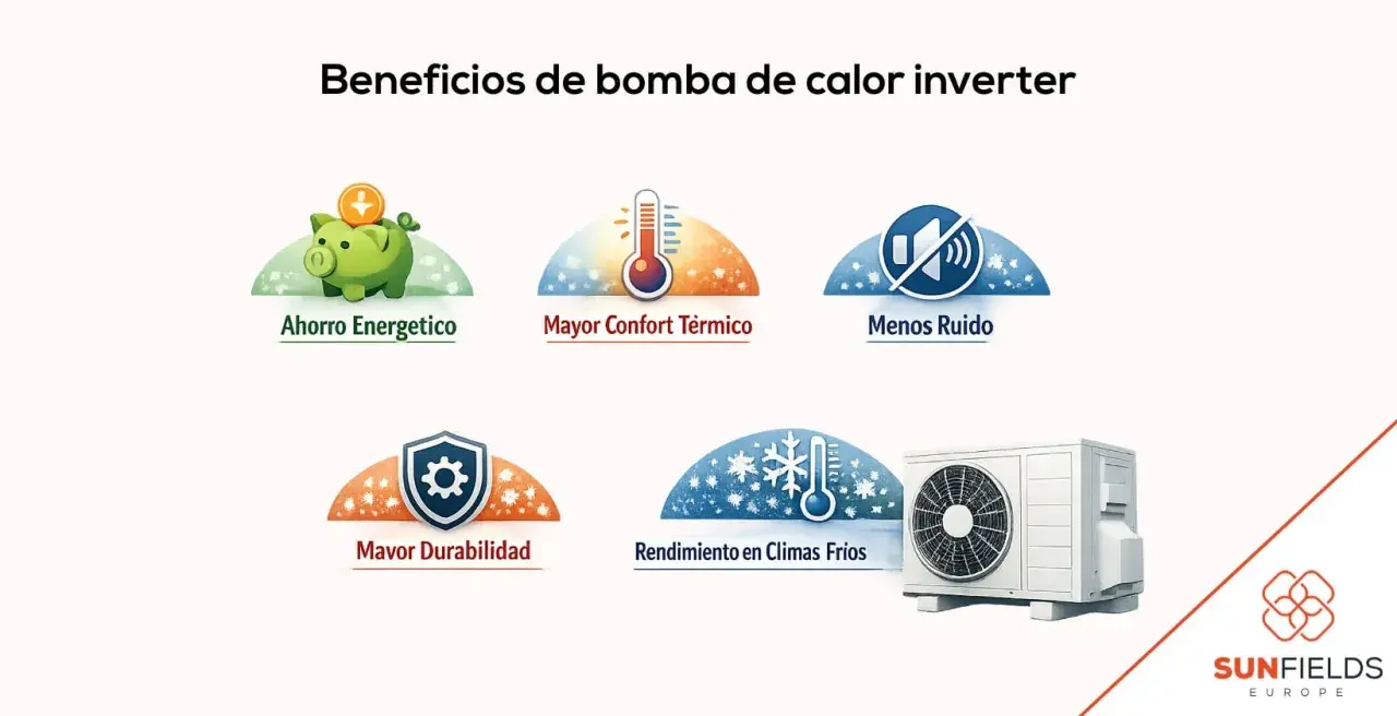Beneficios de bomba de calor inverter: ahorro, confort térmico, menos ruido, durabilidad y rendimiento en climas fríos. El compresor de la bomba de calor es clave.