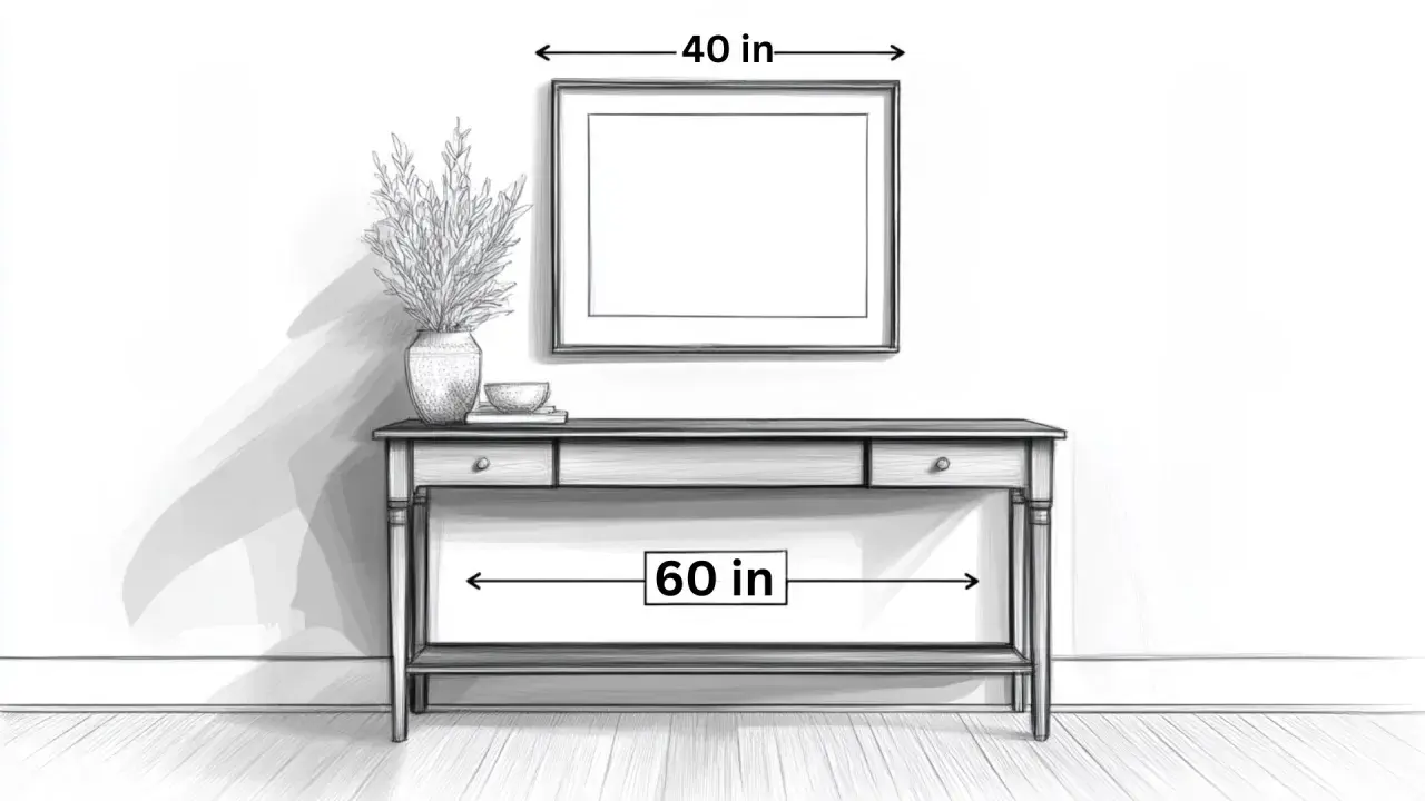 Illustration showing how high to hang art above a console table. The art is 40 inches wide, and the table is 60 inches wide.