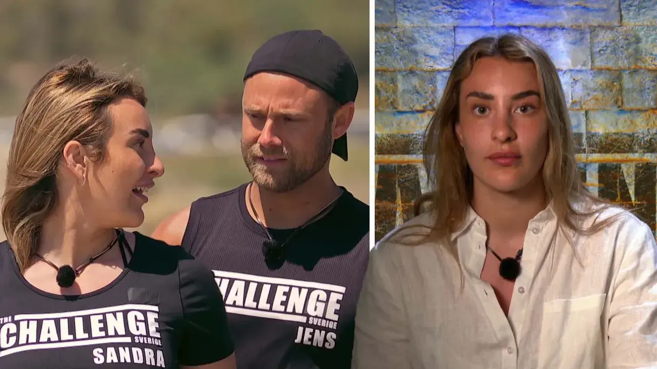 Sandra Cucarano och Jens från The Challenge Sverige. En kvinna i vit skjorta tittar rakt fram.