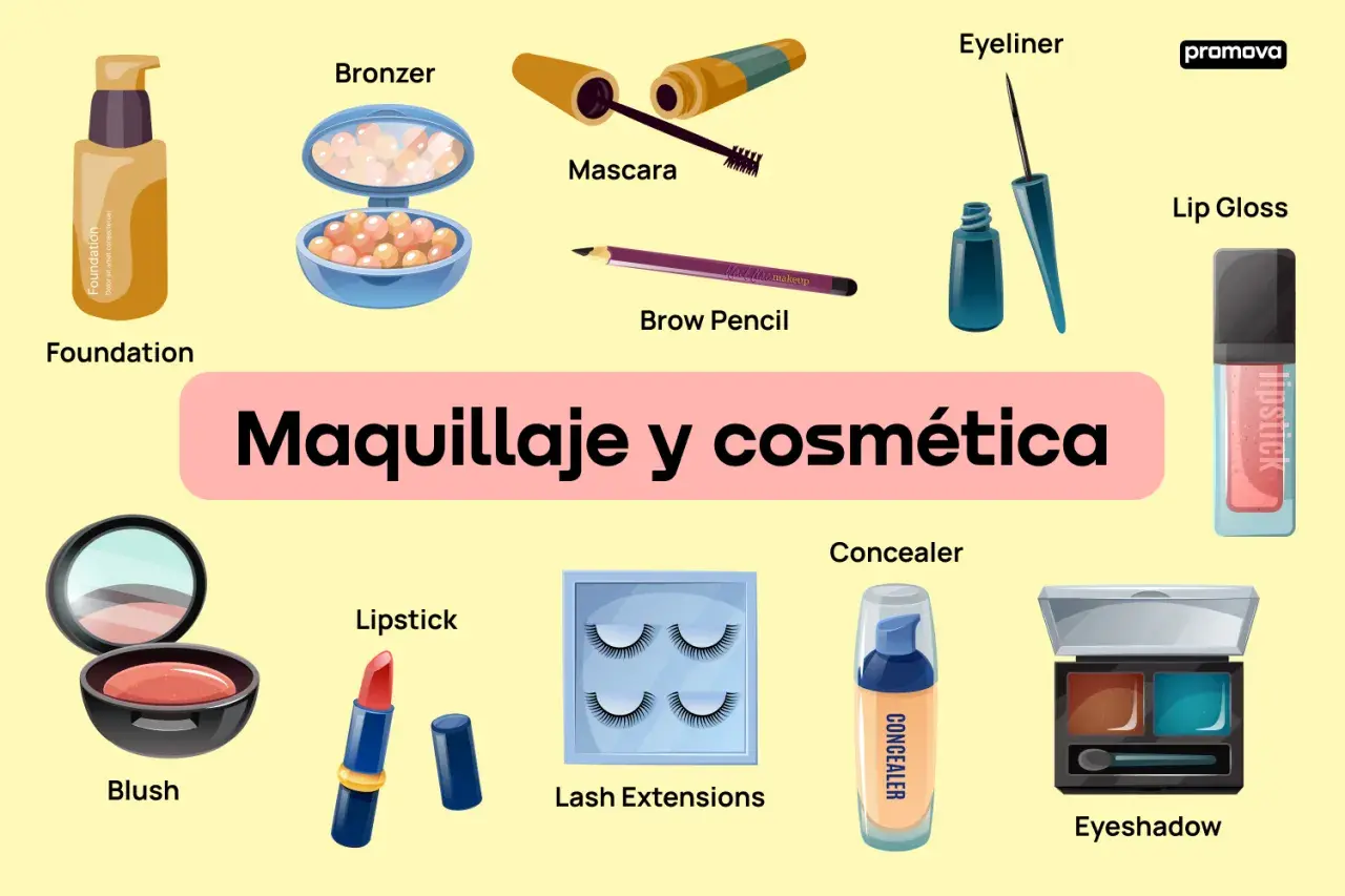 Maquillaje y cosmética: base, rubor, bronzer, máscara, lápiz de cejas, delineador, brillo labial, labial, extensiones de pestañas, corrector y sombras. ¡Todo para "ponerse guapa"!
