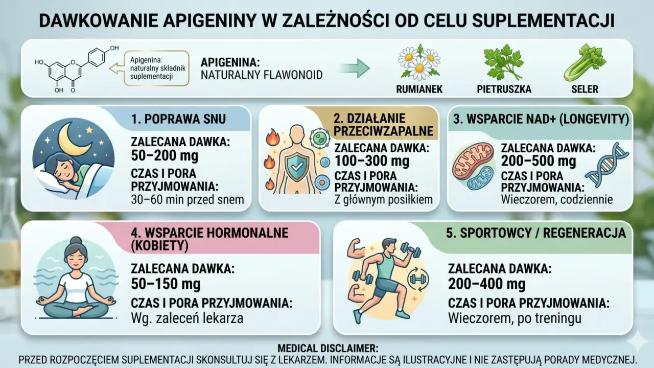 Apigenina: naturalny flawonoid. Dawkowanie dla poprawy snu, działania przeciwzapalnego, wsparcia NAD+, hormonalnego i regeneracji.