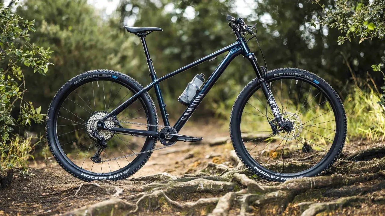 A dark blue Canyon 29er bike with Schwalbe tires rests on a root-covered trail, ready for adventure.