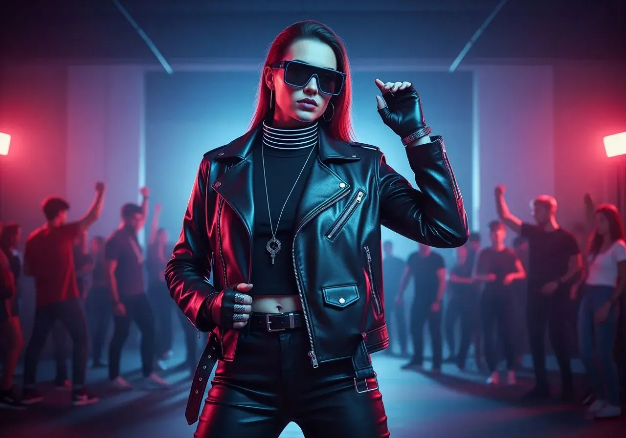 Kobieta w skórzanej kurtce i okularach, w tłumie na imprezie techno.