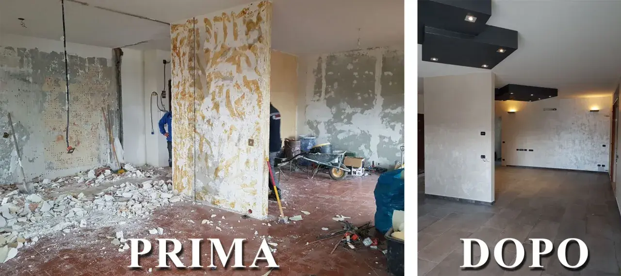 Ristrutturazione: prima, un cantiere con detriti e cartongesso da rimuovere; dopo, un ambiente moderno con nuovo pavimento e soffitto.