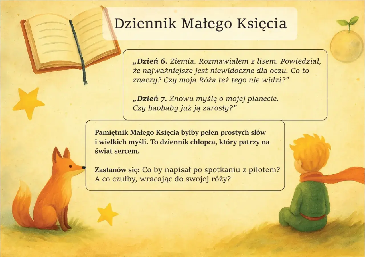 Ilustracja z Małym Księciem, lisem, otwartą książką i cytatami z dziennika.