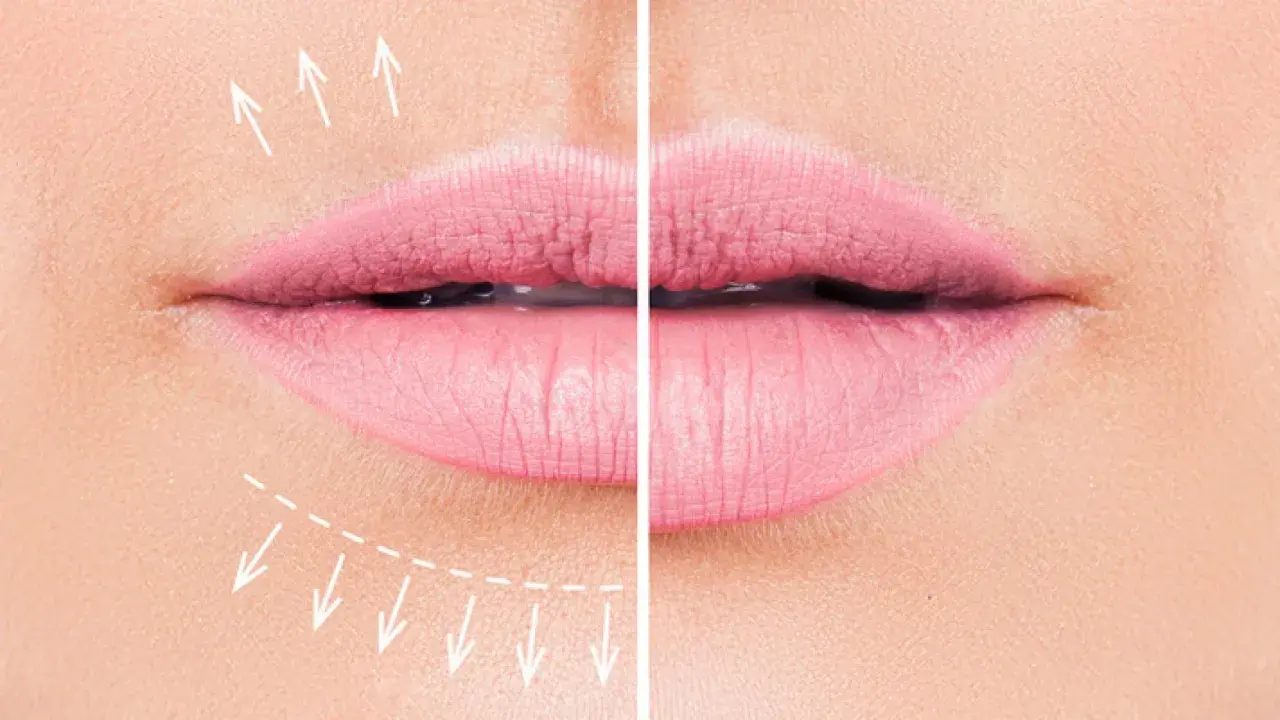 Antes y después de un tratamiento para realzar los labios finos. Flechas indican el aumento de volumen.