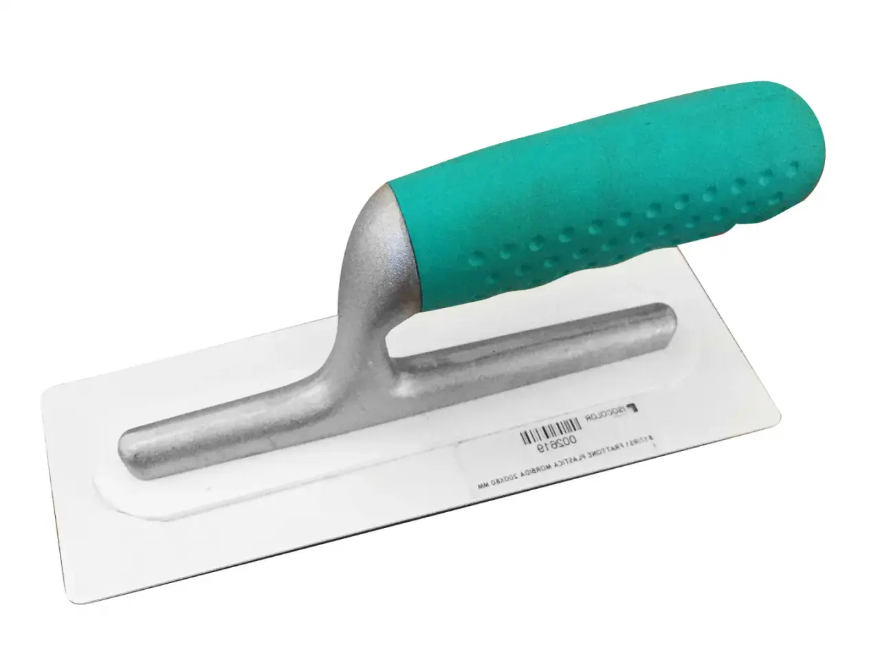 Frattazzo in plastica con manico ergonomico verde, ideale per lavori di finitura.