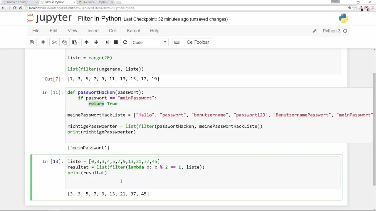 Exemple de code Python utilisant la fonction `filter` pour extraire des éléments d'une liste, comme des mots de passe.