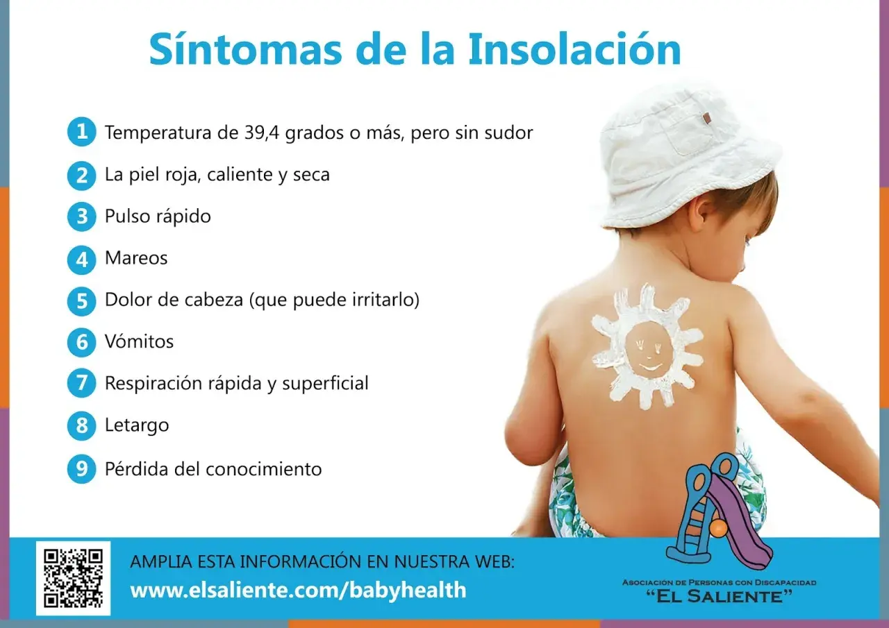Niño con protector solar en forma de sol en la espalda, mostrando síntomas de insolación en niños: fiebre, piel roja, pulso rápido, mareos, vómitos, letargo.