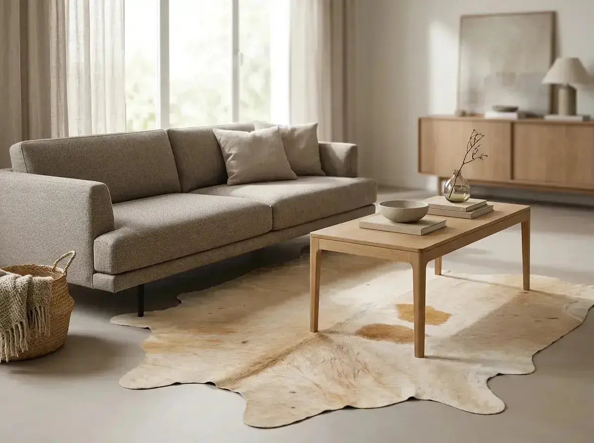 Gemütliches Wohnzimmer mit Sofa, Couchtisch und Teppich. Die moderne Einrichtung strahlt Ruhe und Gemütlichkeit aus.