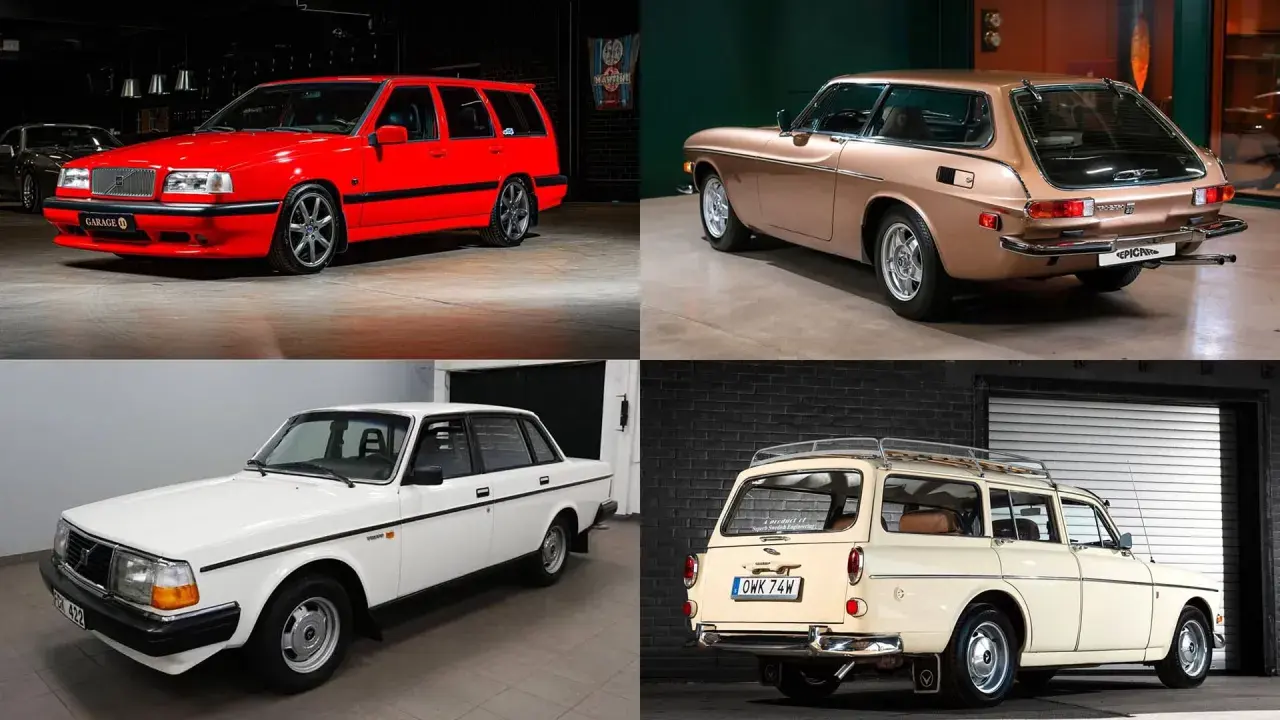 Fyra klassiska Volvo-modeller: en röd kombi, en brun coupé, en vit sedan och en beige kombi med takräcke. En samling av gammal Volvo i olika färger och utföranden.