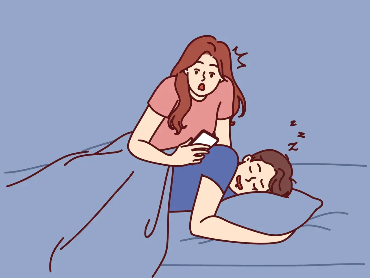 Donna sorpresa guarda il telefono mentre il partner dorme. Come gestire la gelosia in modo sano.