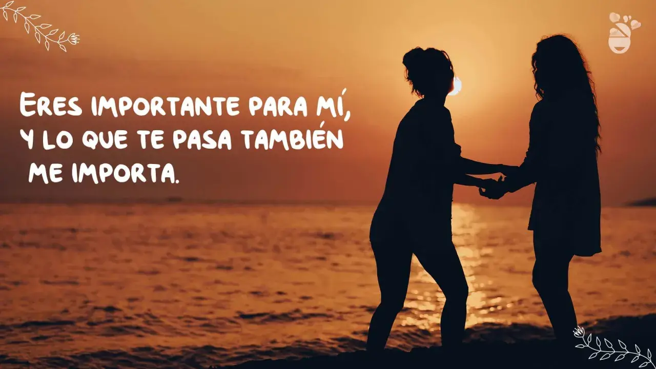 Siluetas de dos amigas tomadas de la mano al atardecer, con la frase "Eres importante para mí, y lo que te pasa también me importa", ideal para frases para amigas especiales.