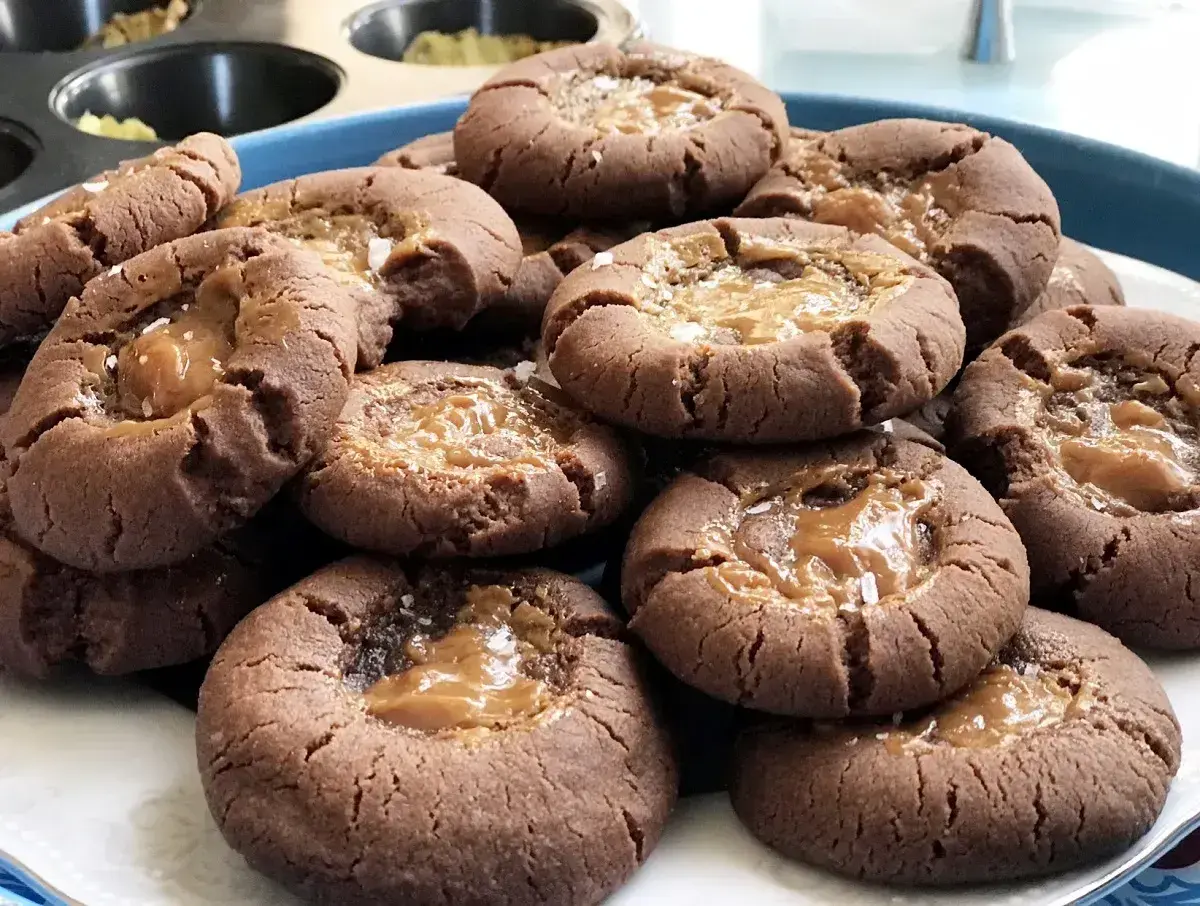 En hög med sega chokladkakor med en härlig kolakärna och strössel av flingsalt. Perfekta för fikat!