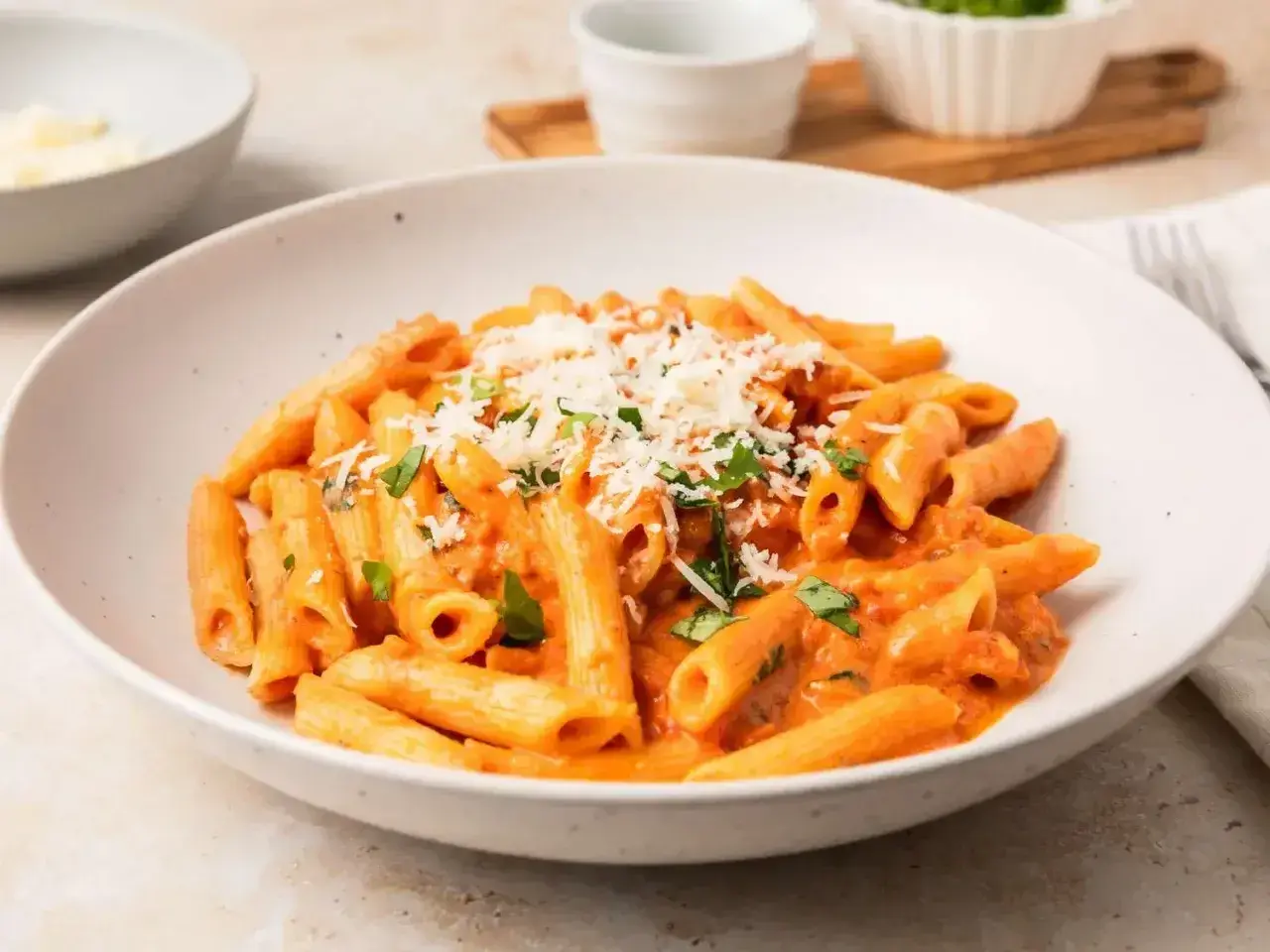 Penne alla vodka w kremowym sosie pomidorowym, posypane parmezanem i świeżą bazylią. Pyszne danie gotowe do podania.