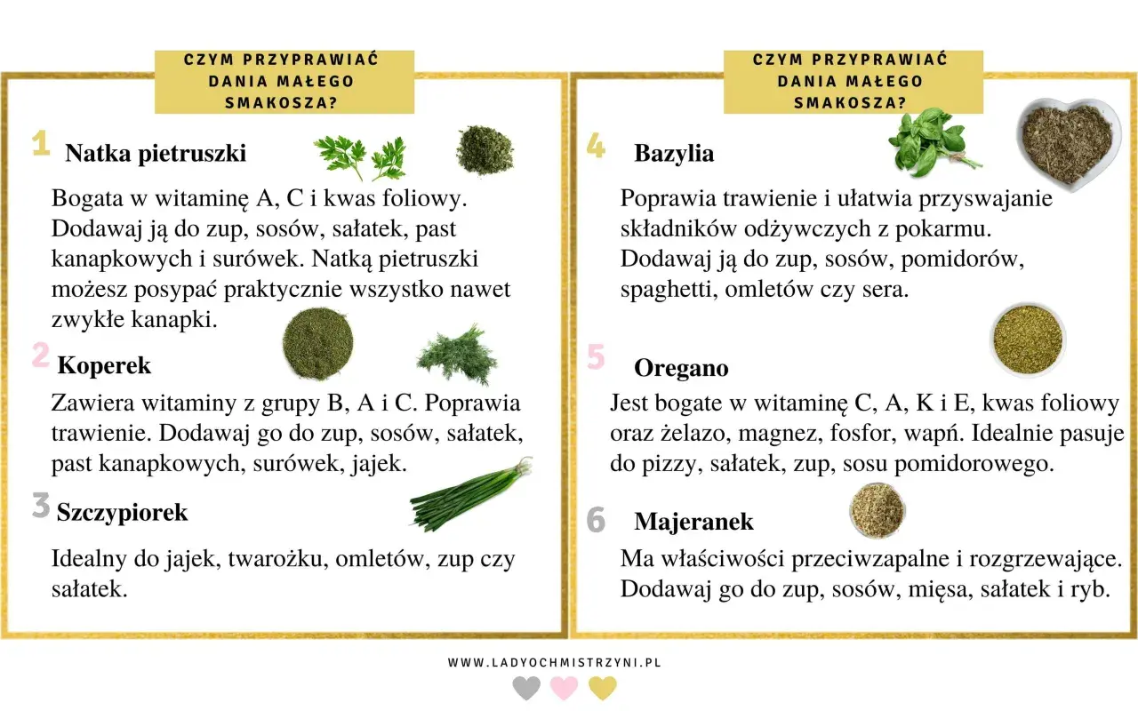 Jakie przyprawy dla niemowlaka? Natka pietruszki, koperek, bazylia, oregano, majeranek – zdrowe dodatki do dań malucha.