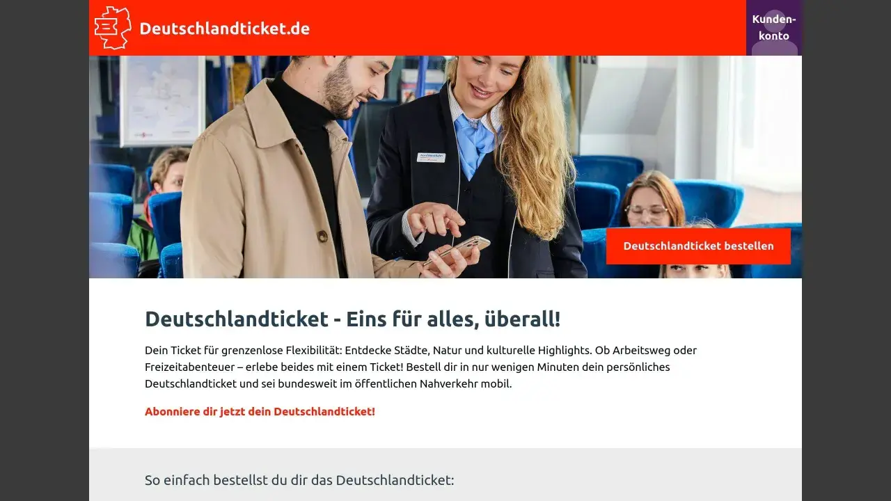 Ein Zugbegleiter zeigt einem Kunden auf dem Handy, wie man das Deutschlandticket bestellt. Bis wann bestellen? Jetzt dein Ticket sichern!