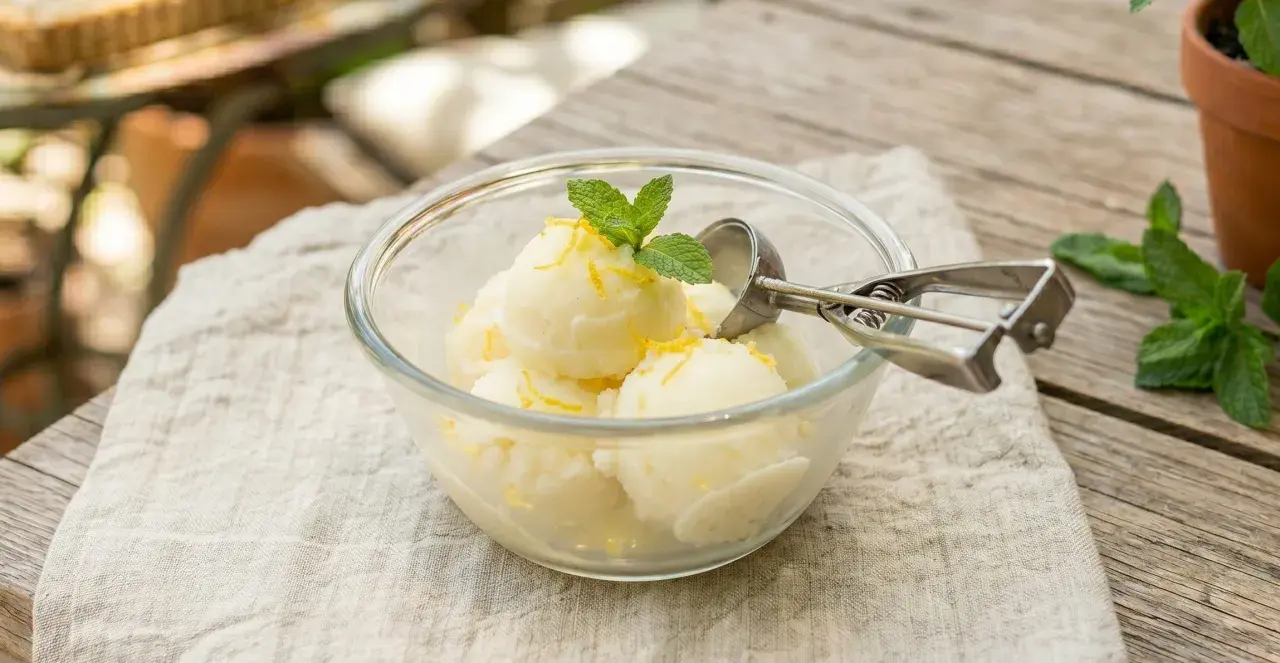 Un délicieux sorbet citron sans sorbetière, garni de menthe fraîche et de zestes de citron, servi dans un bol en verre.
