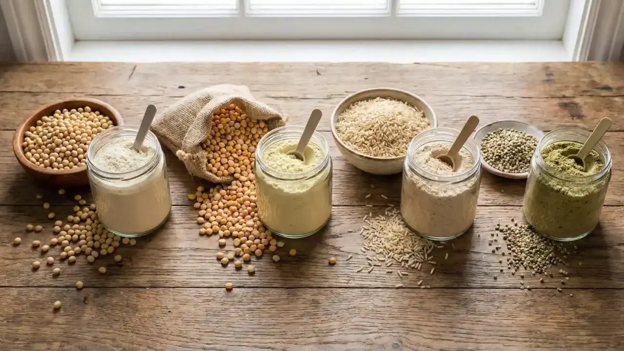 Tarros con polvos de proteína de guisante y otros ingredientes naturales. Descubre los proteína de guisante beneficios para tu salud.