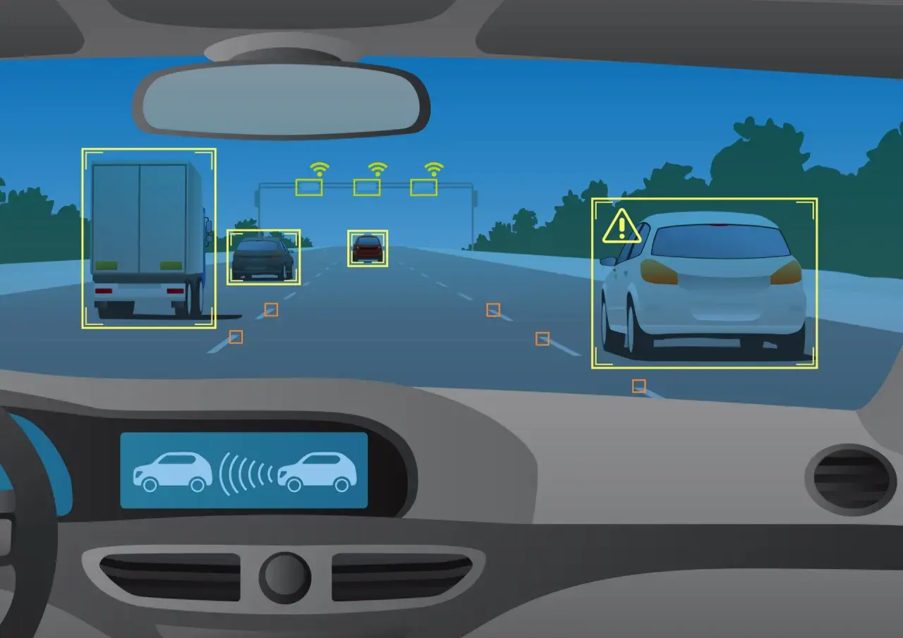 Vista dall'interno di un'auto con sistema ADAS attivo. Rileva camion, auto e segnali stradali, mostrando la sicurezza del futuro della guida.