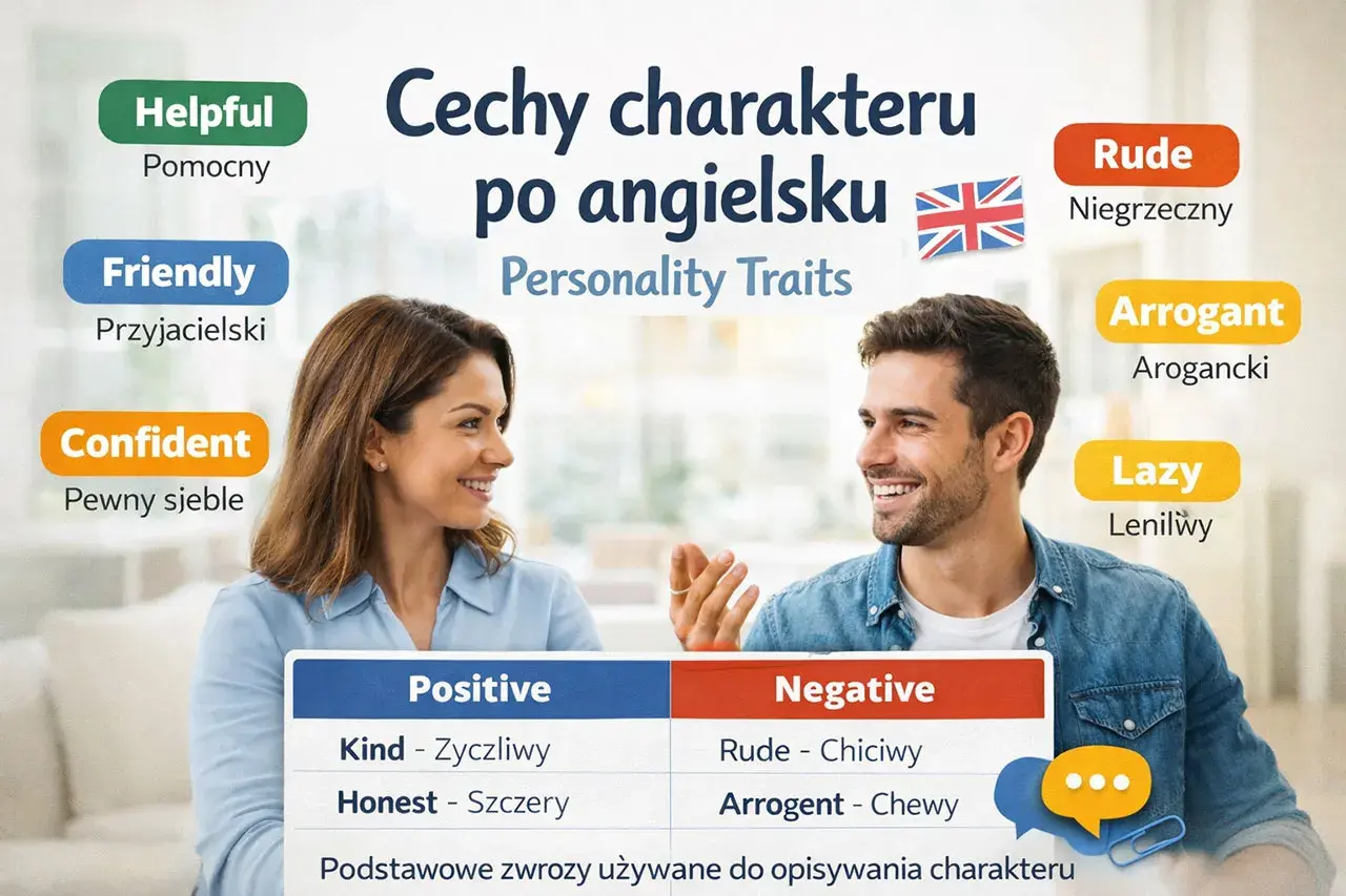 Uśmiechnięci ludzie, nauka cech charakteru po angielsku. Opis postaci: Helpful, Friendly, Confident, Rude, Arrogant, Lazy.
