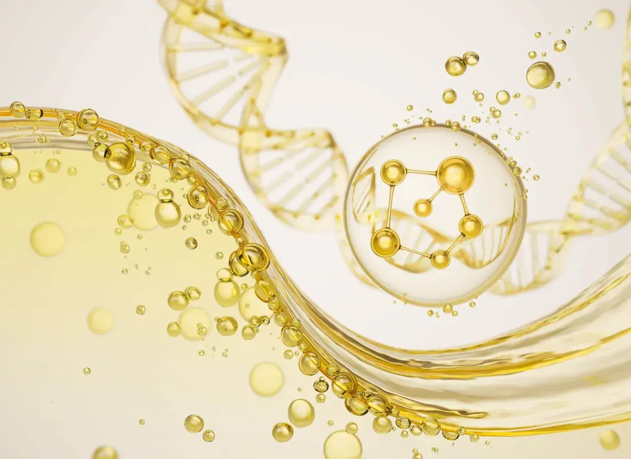 Złote kropelki i struktura DNA, w centrum molekuła peptyd miedziowy w bańce.