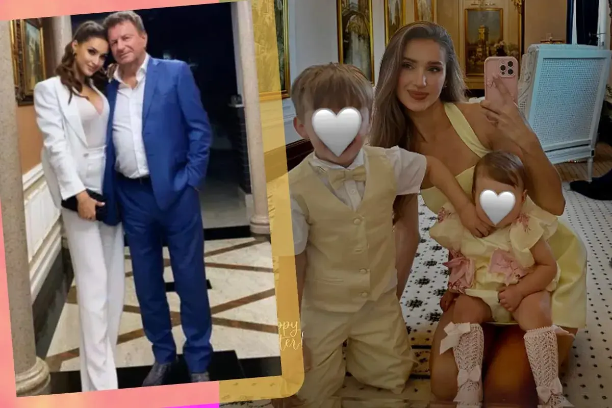 Marcin Rogacewicz z żoną i dziećmi. Rodzina w eleganckich strojach, gotowa na uroczystość.