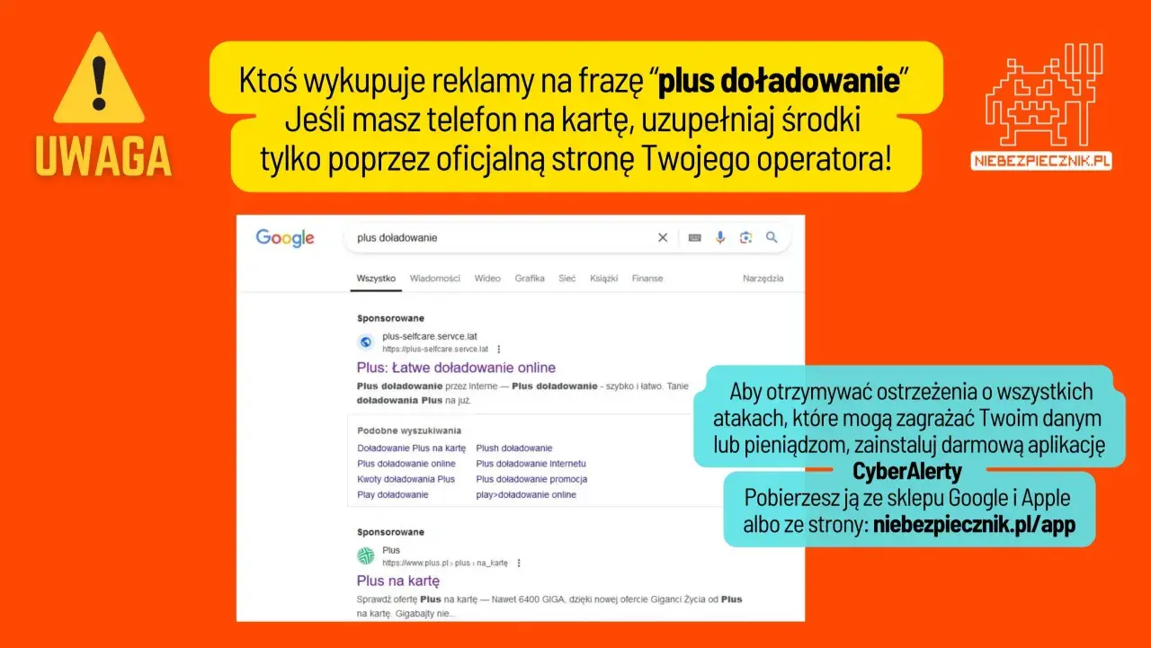 Ostrzeżenie przed oszustwami przy frazie "jak doładować konto Plus". Uzupełniaj środki tylko na oficjalnej stronie operatora.