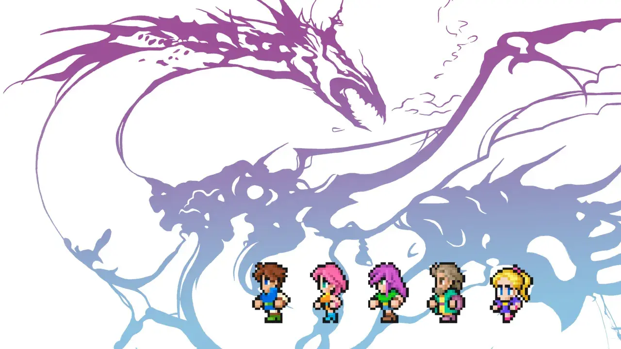 Pięcioro bohaterów w stylu pixel art z Final Fantasy 5 staje przed potężnym, fioletowym smokiem.
