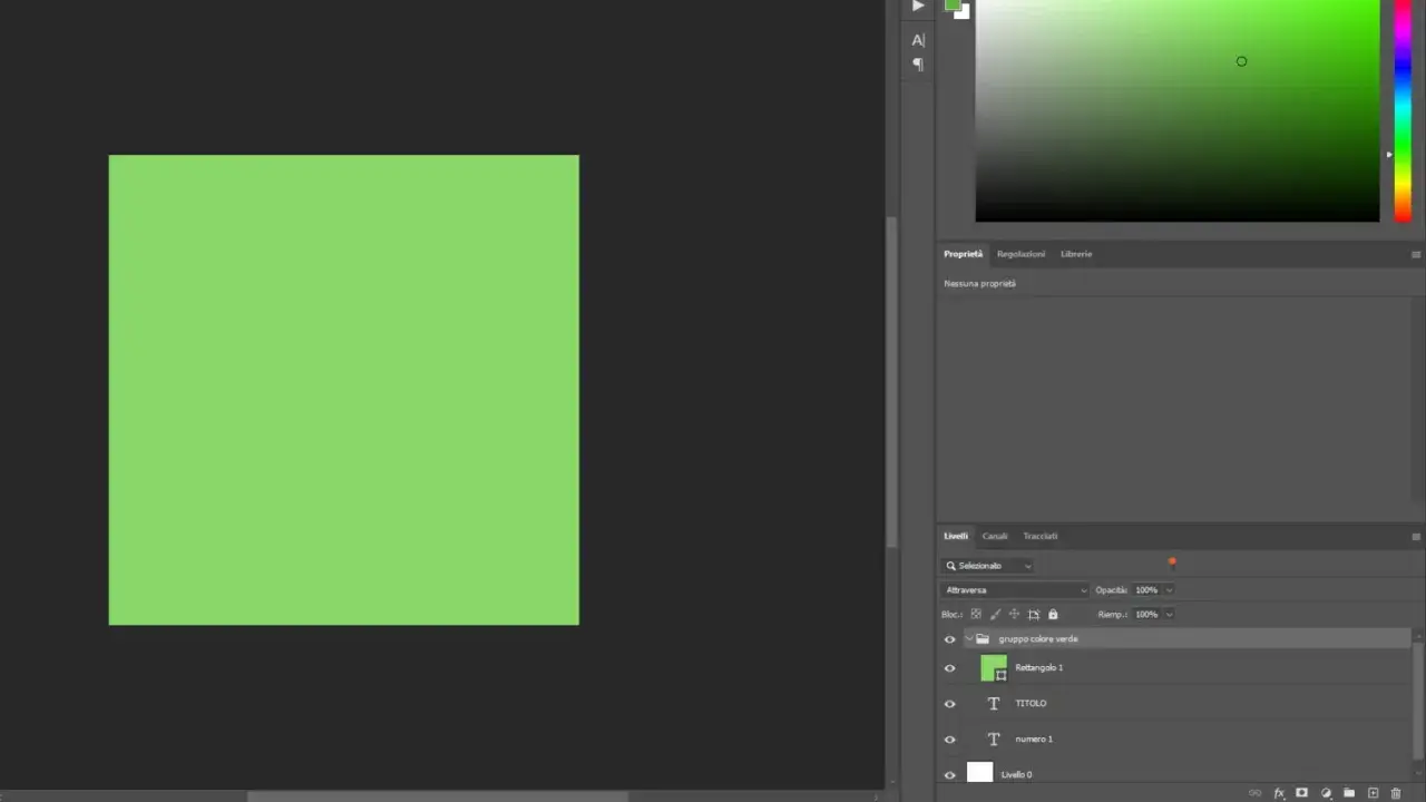 Schermata di Photoshop: un rettangolo verde su sfondo scuro, con pannelli per unire livelli e modificare proprietà.