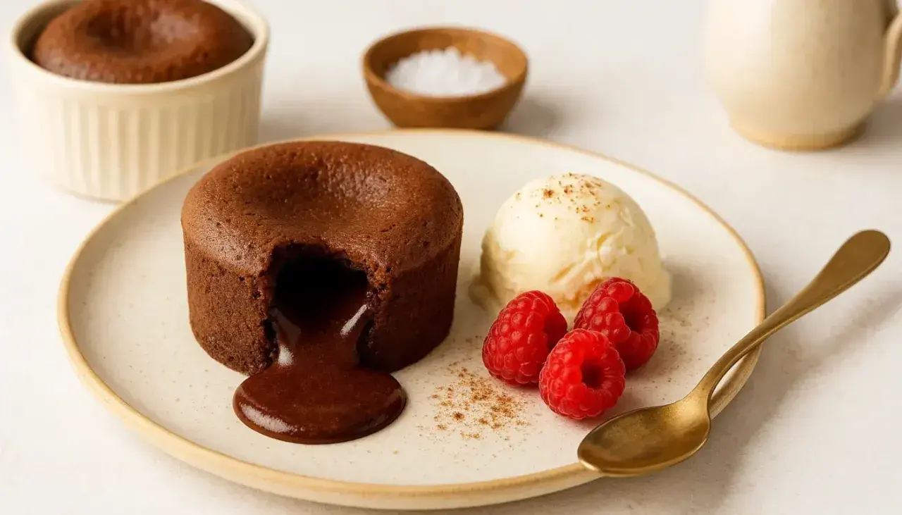 Un fondant au chocolat coulant, servi avec une boule de glace vanille, des framboises et une cuillère dorée. Un délice !