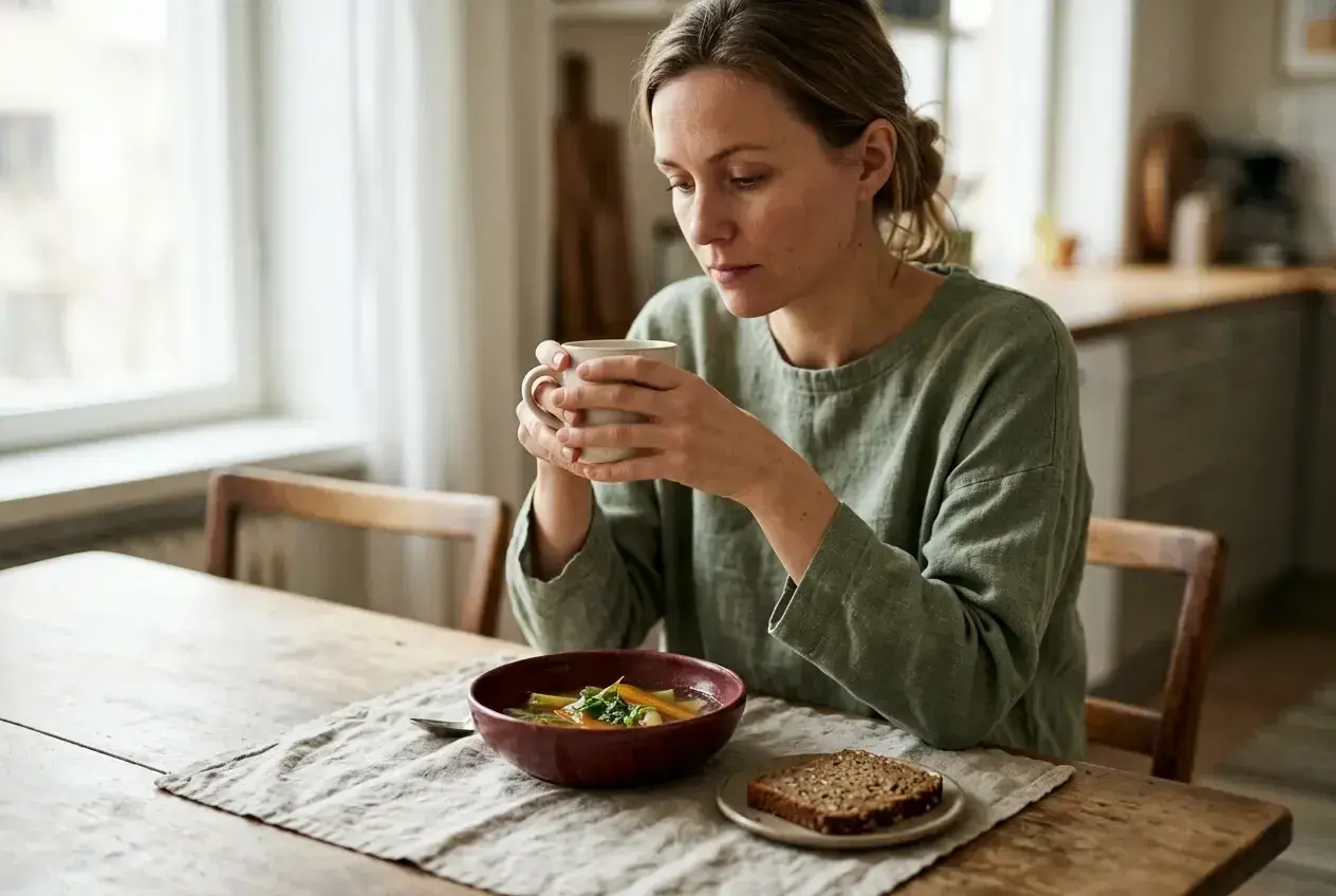 Vrouw met kopje thee, geen eetlust verliefd op de soep en het brood.