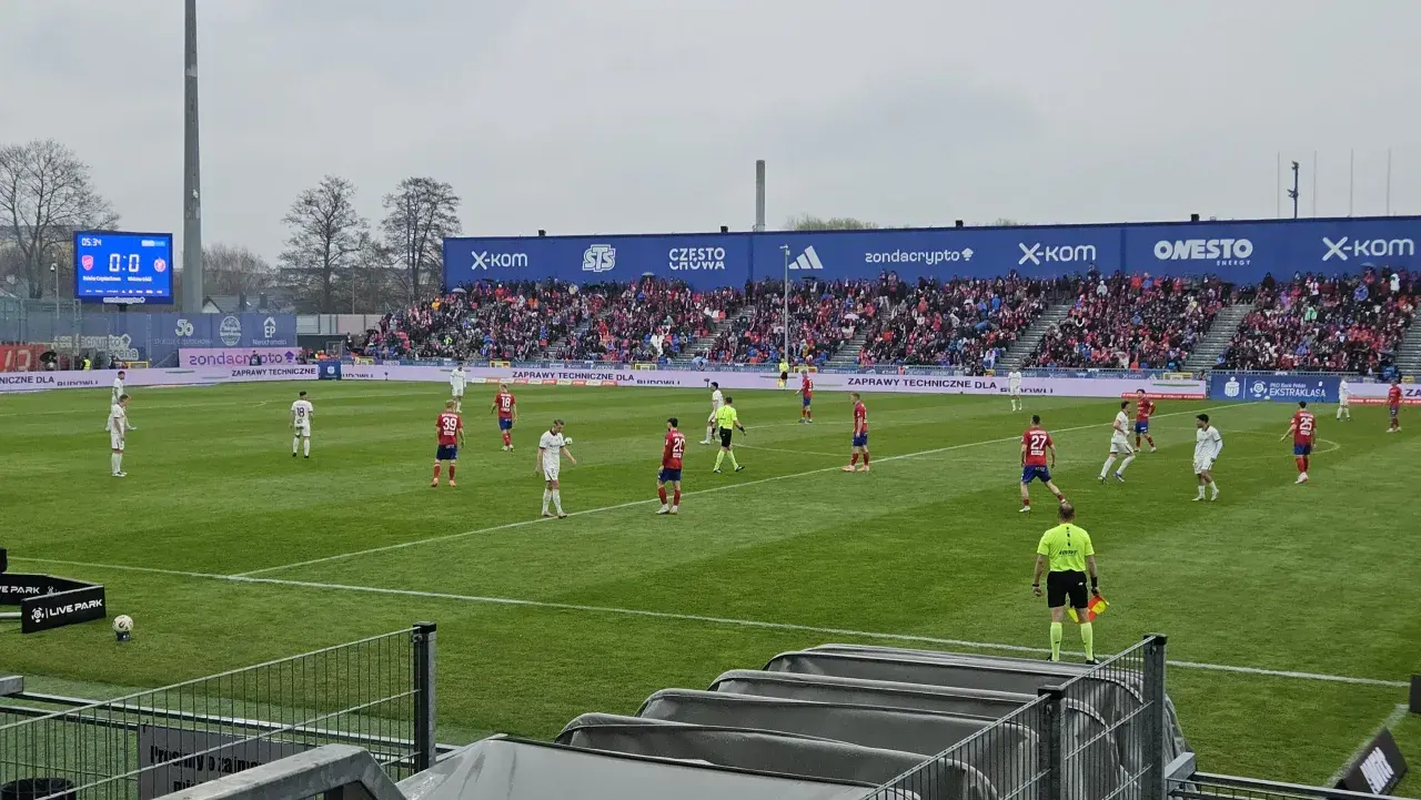 Mecz Raków Częstochowa – Widzew Łódź. Piłkarze na boisku, wynik 0:0, trybuny zapełnione.