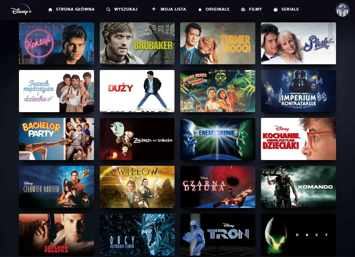 Stare dobre filmy na Disney+: "Koktajl", "Brubaker", "Trzech mężczyzn i dziecko", "Duży", "Turner i Hooch", "Plush", "Bachelor Party", "Zaklęta w sokoła", "Obcy", "Imperium kontratakuje", "Czarna dziura", "Komando", "Willow", "Człowiek rakieta", "Enemy...