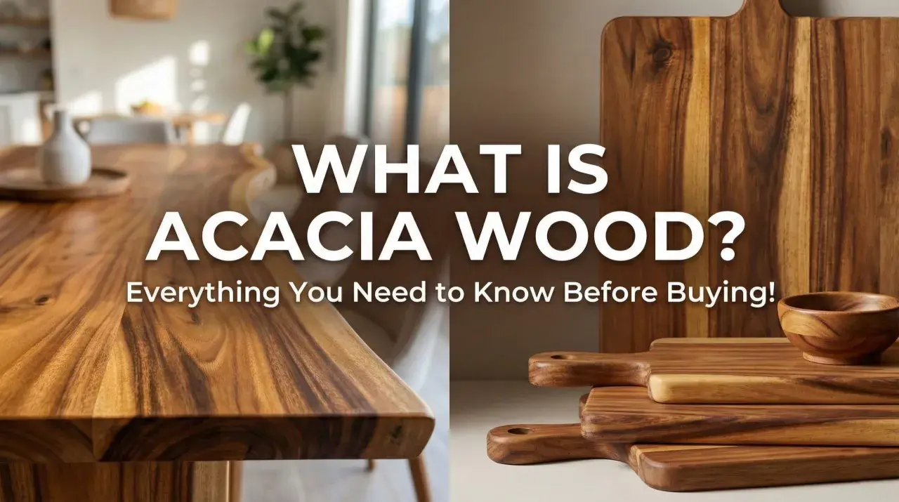 Beautiful acacia lumber forms a table and cutting boards, showcasing its rich grain. Learn all about acacia wood before you buy!