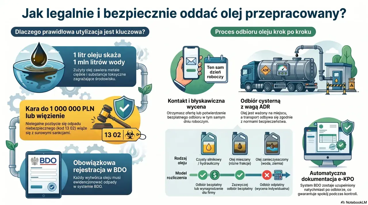 Gdzie oddać zużyty olej silnikowy? Dowiedz się, jak legalnie i bezpiecznie pozbyć się odpadu, unikając kar i chroniąc środowisko.