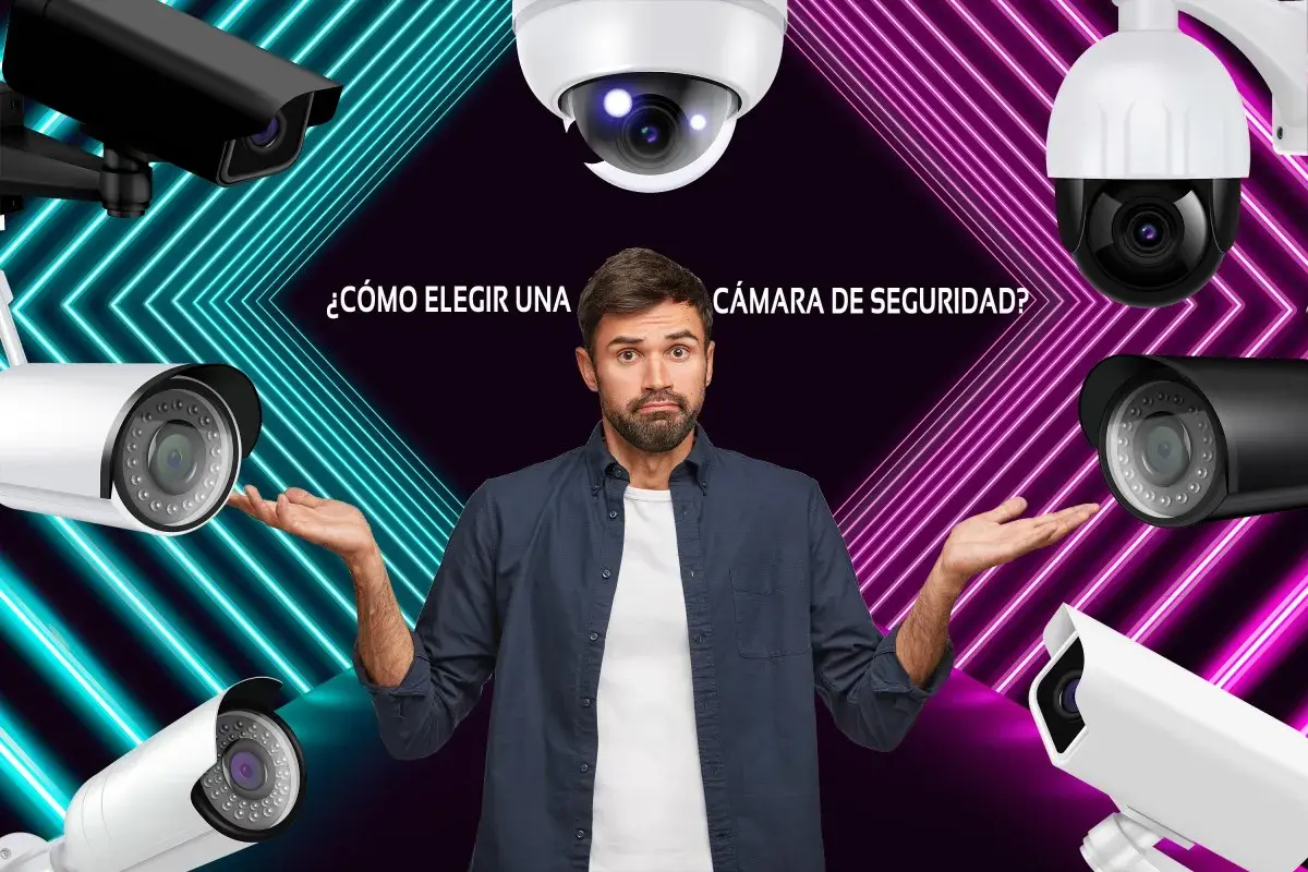 Hombre confundido rodeado de cámaras de videovigilancia IP. ¿Cómo elegir la cámara de seguridad perfecta?